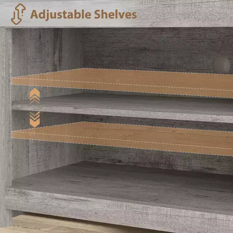 Meuble TV de ferme blanc antique / gris grain de bois, 70", pour téléviseur jusqu'à 80", 4 tiroirs et 3 étagères ouvertes, pour 1