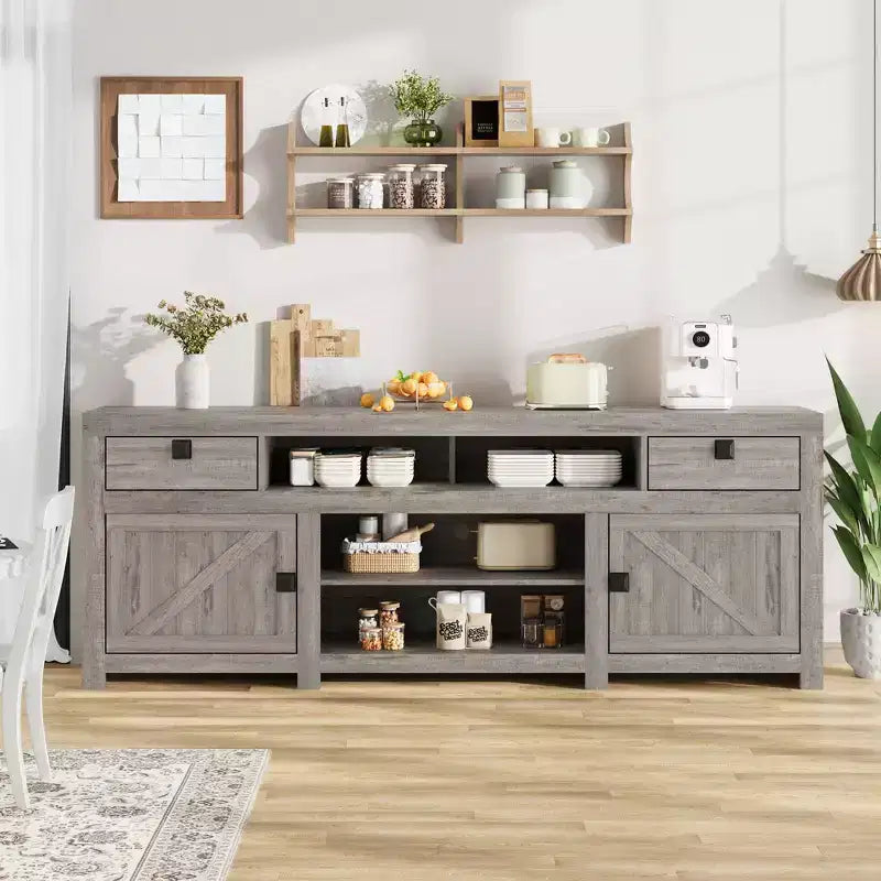 Meuble TV de ferme blanc antique / gris grain de bois, 70", pour téléviseur jusqu'à 80", 4 tiroirs et 3 étagères ouvertes, pour 1
