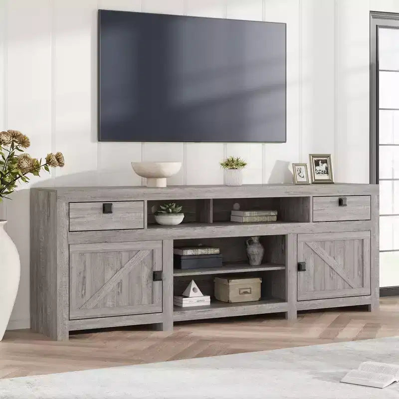 Meuble TV de ferme blanc antique / gris grain de bois, 70", pour téléviseur jusqu'à 80", 4 tiroirs et 3 étagères ouvertes, pour 1