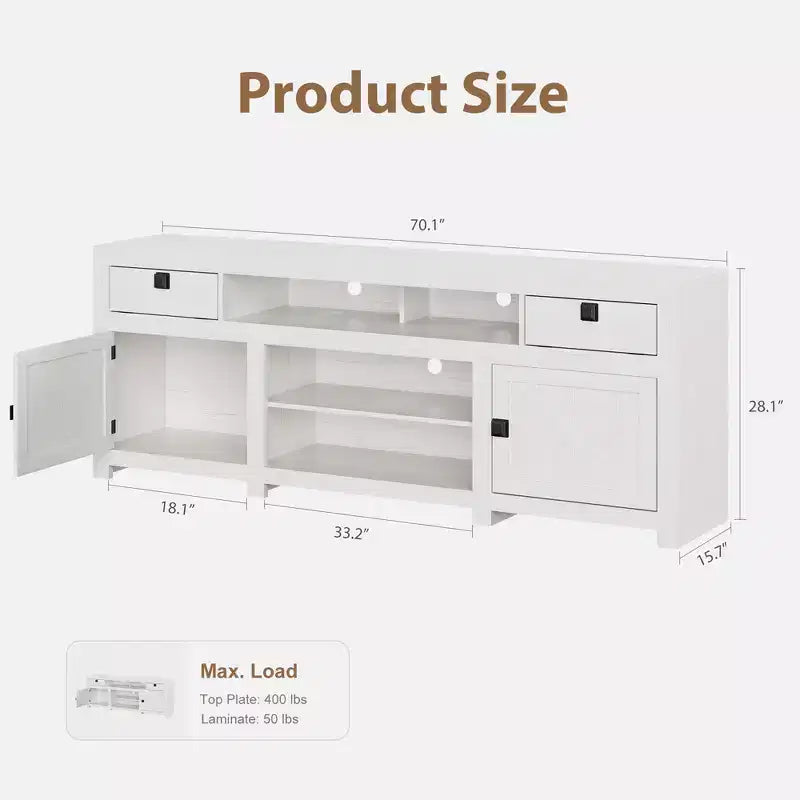 Meuble TV de ferme blanc antique / gris grain de bois, 70", pour téléviseur jusqu'à 80", 4 tiroirs et 3 étagères ouvertes, pour 1