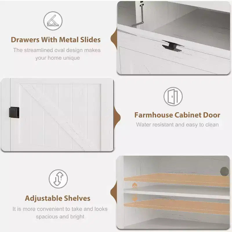 Meuble TV de ferme blanc antique / gris grain de bois, 70", pour téléviseur jusqu'à 80", 4 tiroirs et 3 étagères ouvertes, pour 1