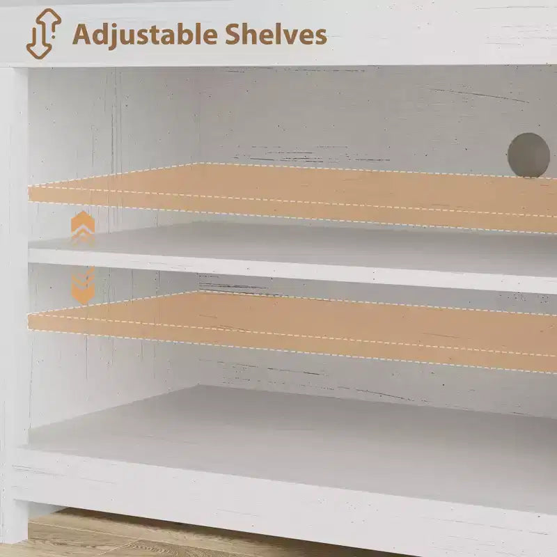 Meuble TV de ferme blanc antique / gris grain de bois, 70", pour téléviseur jusqu'à 80", 4 tiroirs et 3 étagères ouvertes, pour 1