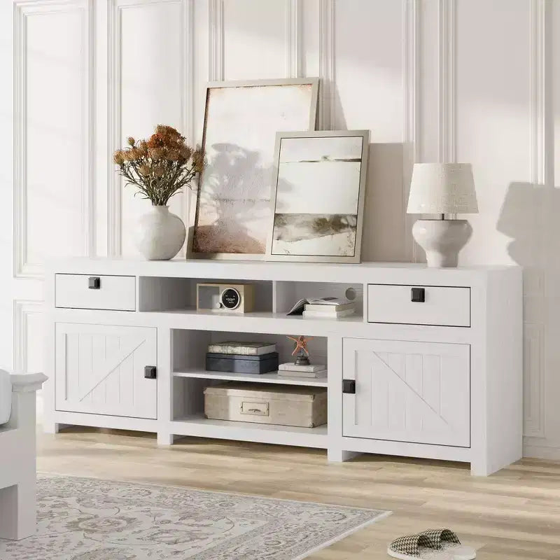 Meuble TV de ferme blanc antique / gris grain de bois, 70", pour téléviseur jusqu'à 80", 4 tiroirs et 3 étagères ouvertes, pour 1