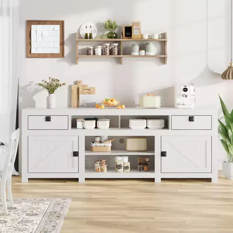 Meuble TV de ferme blanc antique / gris grain de bois, 70", pour téléviseur jusqu'à 80", 4 tiroirs et 3 étagères ouvertes, pour 1
