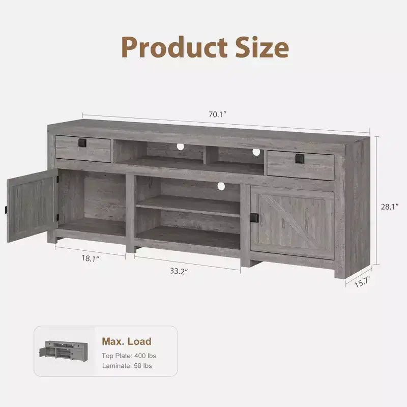 Meuble TV de ferme blanc antique / gris grain de bois, 70", pour téléviseur jusqu'à 80", 4 tiroirs et 3 étagères ouvertes, pour 1