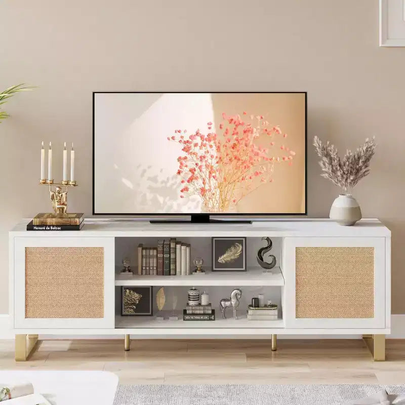 Meuble TV en rotin marron, style bohème, compatible avec les téléviseurs jusqu'à 65 pouces
