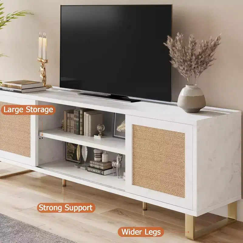 Meuble TV en rotin marron, style bohème, compatible avec les téléviseurs jusqu'à 65 pouces