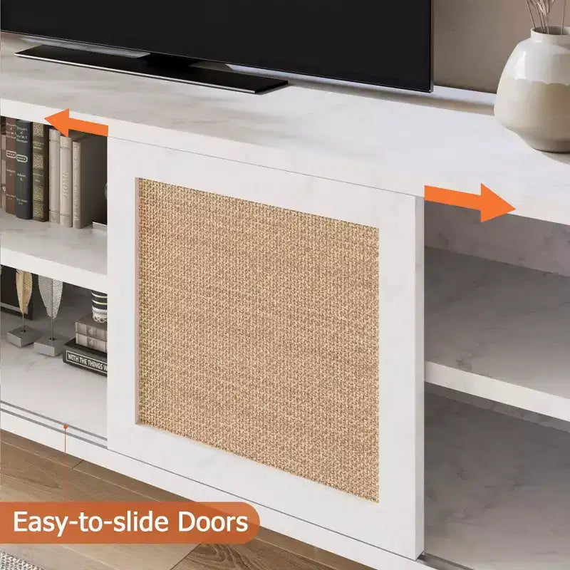 Meuble TV en rotin marron, style bohème, compatible avec les téléviseurs jusqu'à 65 pouces