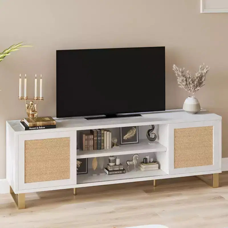 Meuble TV en rotin marron, style bohème, compatible avec les téléviseurs jusqu'à 65 pouces