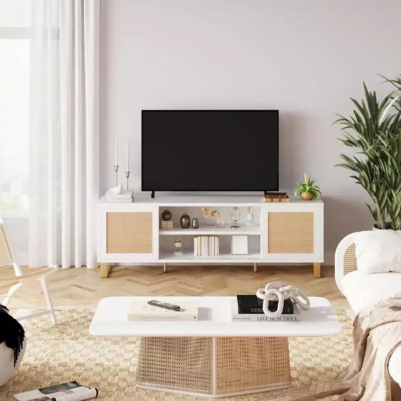 Meuble TV en rotin marron, style bohème, compatible avec les téléviseurs jusqu'à 65 pouces