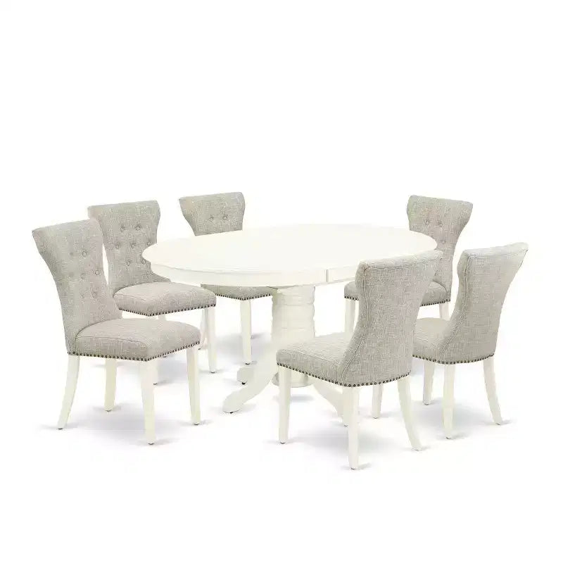 Ensemble de salle à manger ovale extensible blanc lin, chaises Parson rembourrées, 6 places, 7 pièces