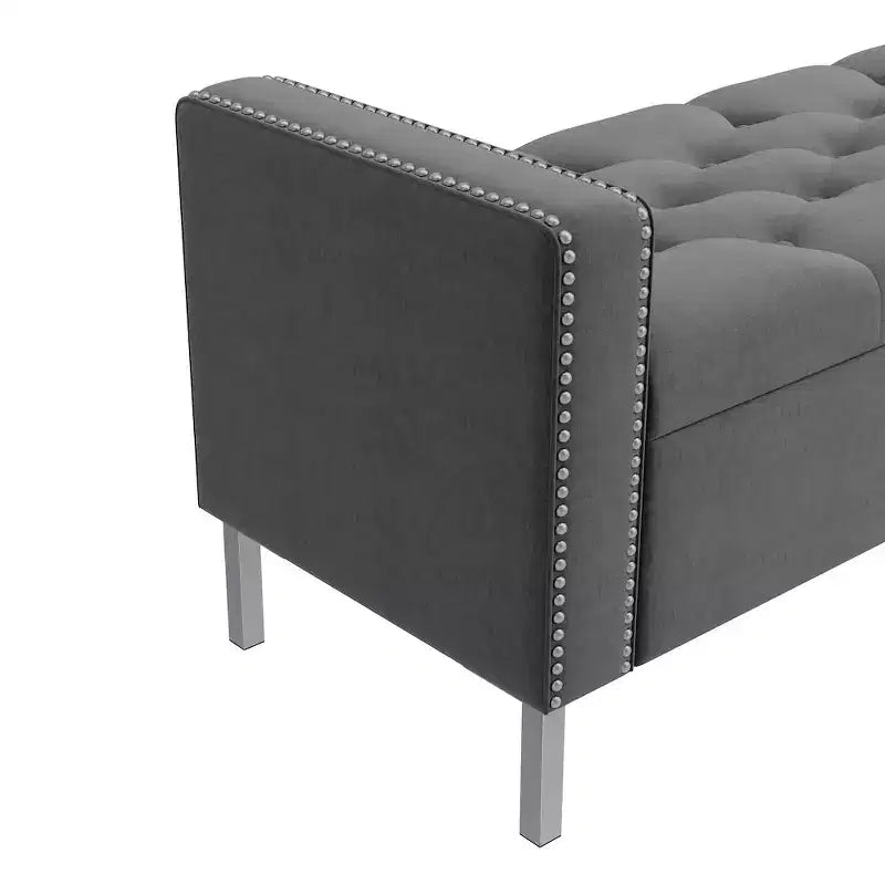 Pouf de rangement capitonné à accoudoirs carrés bleu foncé/gris/bleu clair – Monoplace