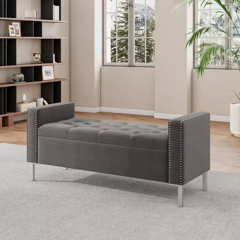 Pouf de rangement capitonné à accoudoirs carrés bleu foncé/gris/bleu clair – Monoplace