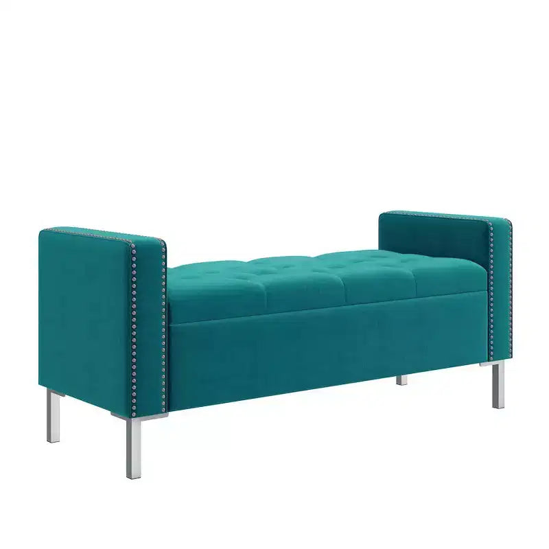 Pouf de rangement capitonné à accoudoirs carrés bleu foncé/gris/bleu clair – Monoplace