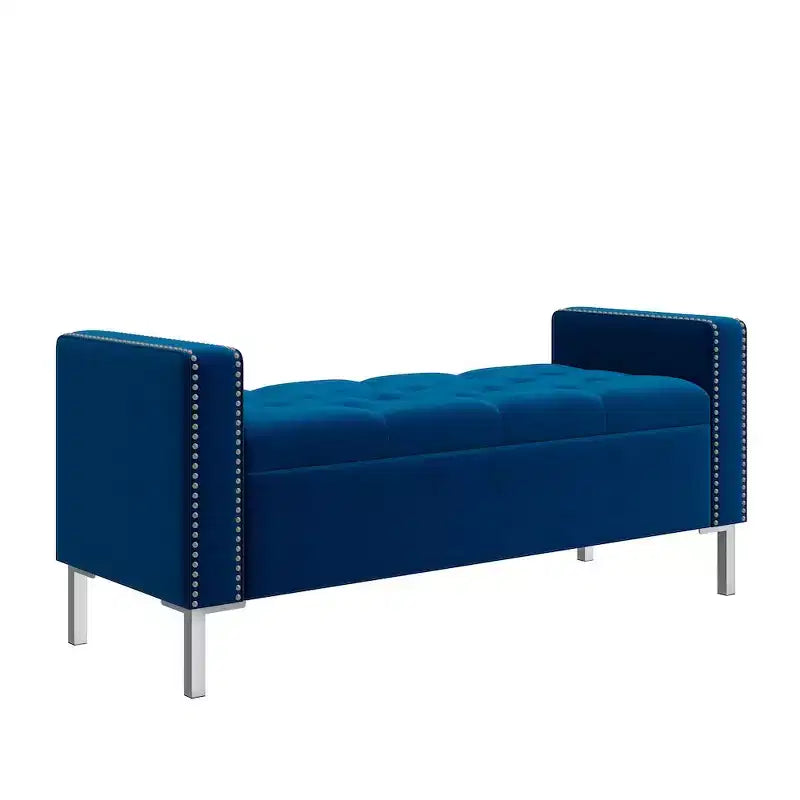 Pouf de rangement capitonné à accoudoirs carrés bleu foncé/gris/bleu clair – Monoplace