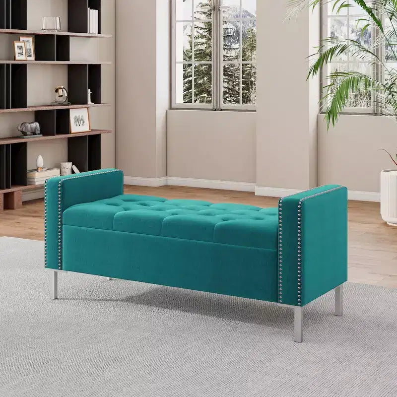 Pouf de rangement capitonné à accoudoirs carrés bleu foncé/gris/bleu clair – Monoplace
