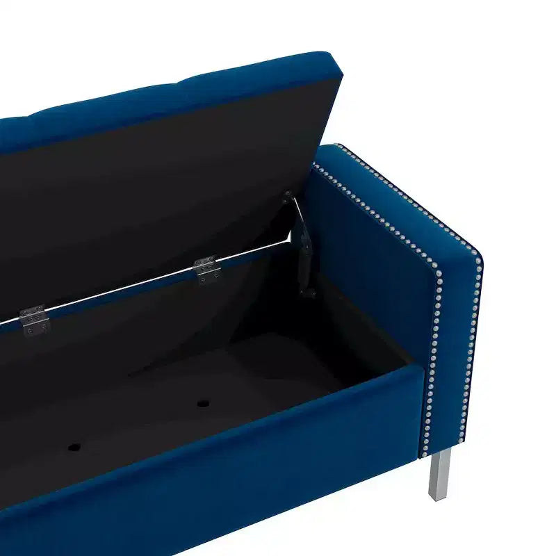 Pouf de rangement capitonné à accoudoirs carrés bleu foncé/gris/bleu clair – Monoplace