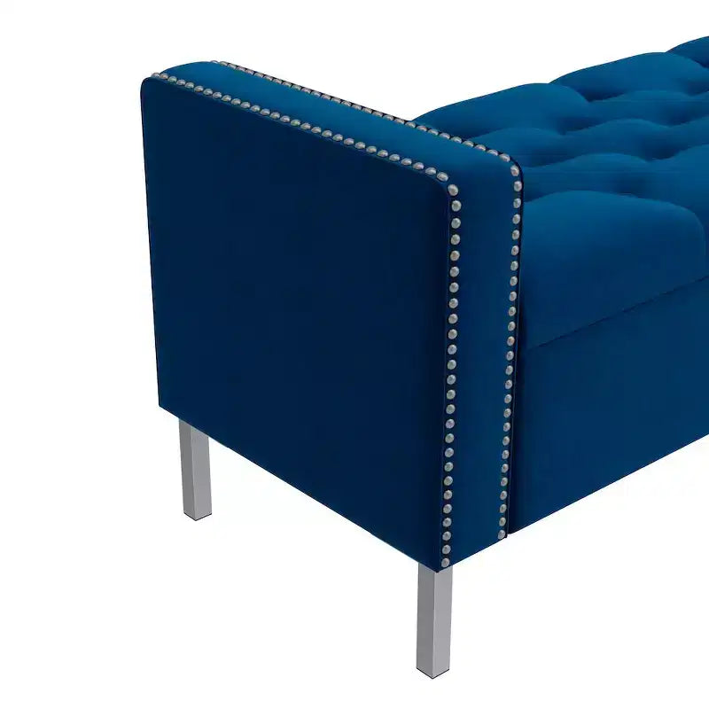Pouf de rangement capitonné à accoudoirs carrés bleu foncé/gris/bleu clair – Monoplace