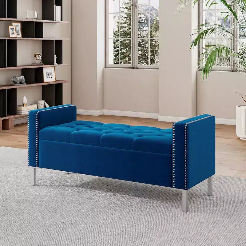 Pouf de rangement capitonné à accoudoirs carrés bleu foncé/gris/bleu clair – Monoplace