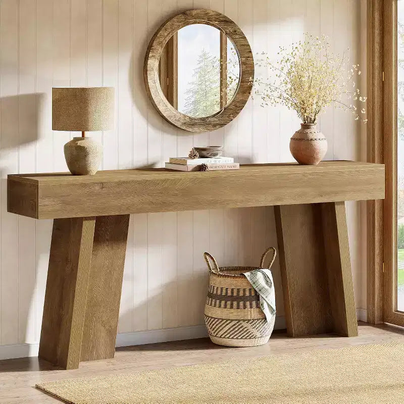 Console étroite en bois marron, style rustique, 1 place/capacité