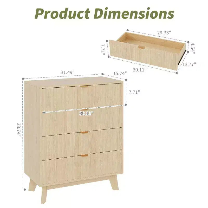 Commode 4 tiroirs en chêne naturel, panneau cannelé, style mid-century, assemblage 1 personne