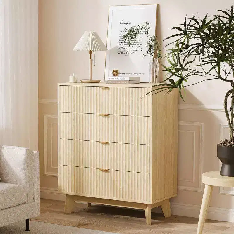 Commode 4 tiroirs en chêne naturel, panneau cannelé, style mid-century, assemblage 1 personne
