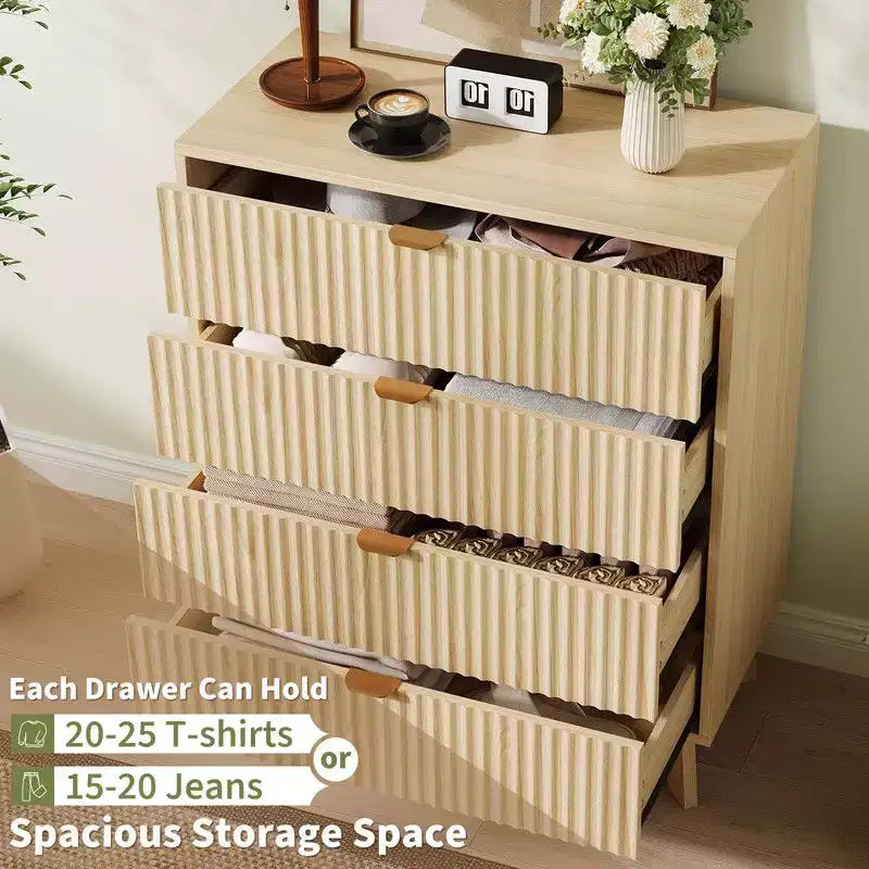 Commode 4 tiroirs en chêne naturel, panneau cannelé, style mid-century, assemblage 1 personne
