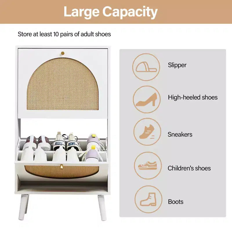 Meuble à chaussures blanc à 2 portes abattantes avec façade en rotin, 12 paires
