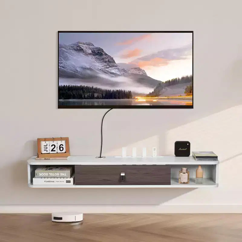 Meuble TV flottant mural blanc avec rangement, 119 cm – Installation simple