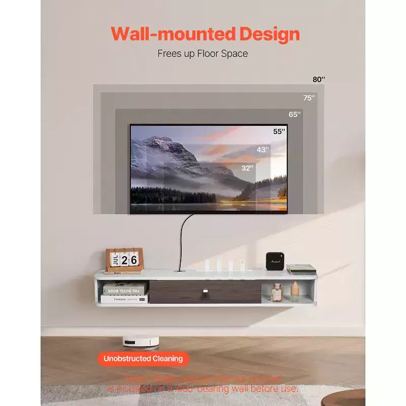 Meuble TV flottant mural blanc avec rangement, 119 cm – Installation simple