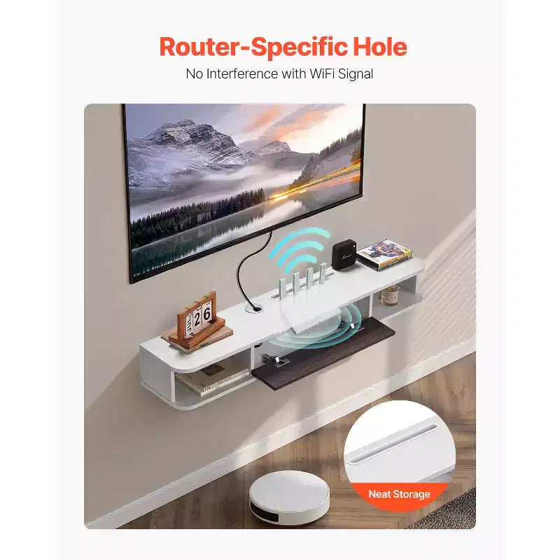 Meuble TV flottant mural blanc avec rangement, 119 cm – Installation simple