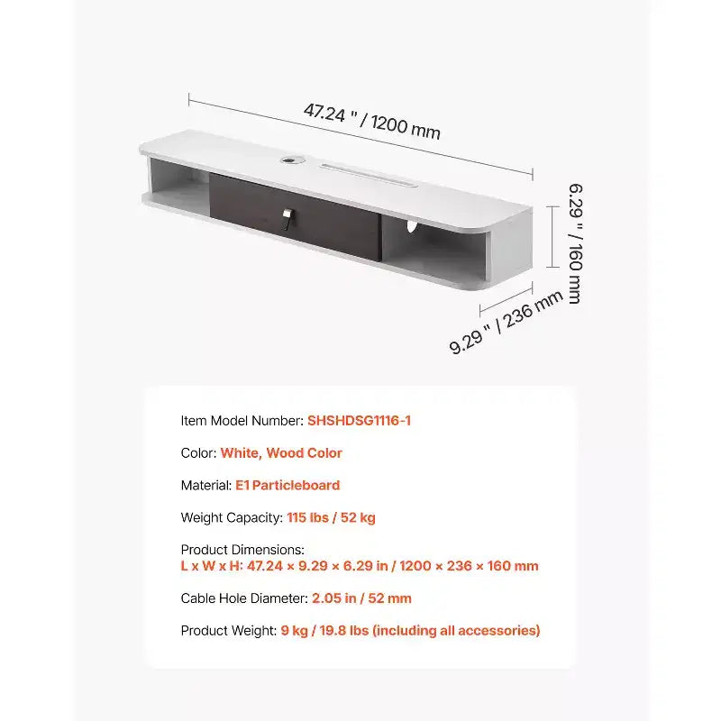 Meuble TV flottant mural blanc avec rangement, 119 cm – Installation simple