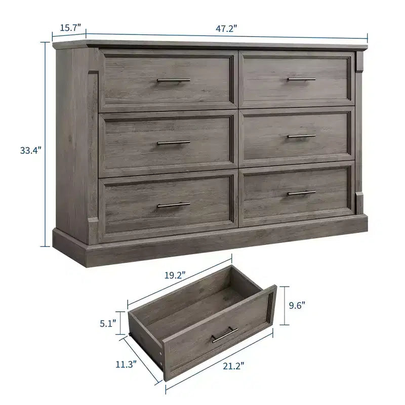 Commode rustique marron à 6 tiroirs, 120 cm de large – Utilisation individuelle