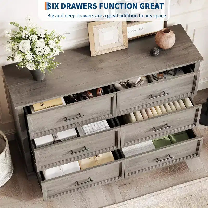Commode rustique marron à 6 tiroirs, 120 cm de large – Utilisation individuelle