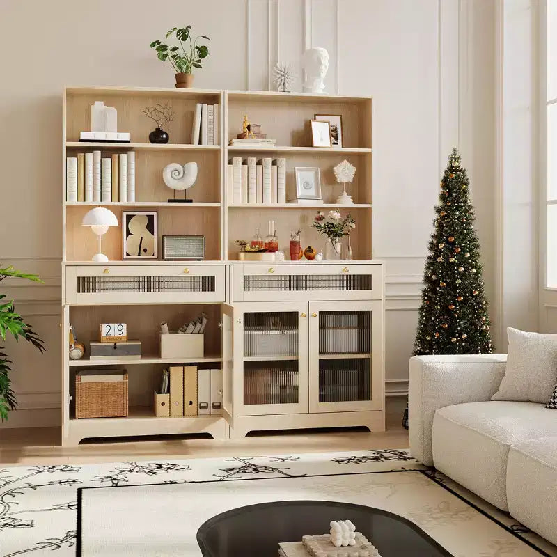Armoire de cuisine autoportante de 157 cm – Blanc / Couleur bois, 2 portes avec tiroir et étagères réglables