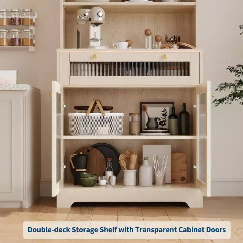 Armoire de cuisine autoportante de 157 cm – Blanc / Couleur bois, 2 portes avec tiroir et étagères réglables