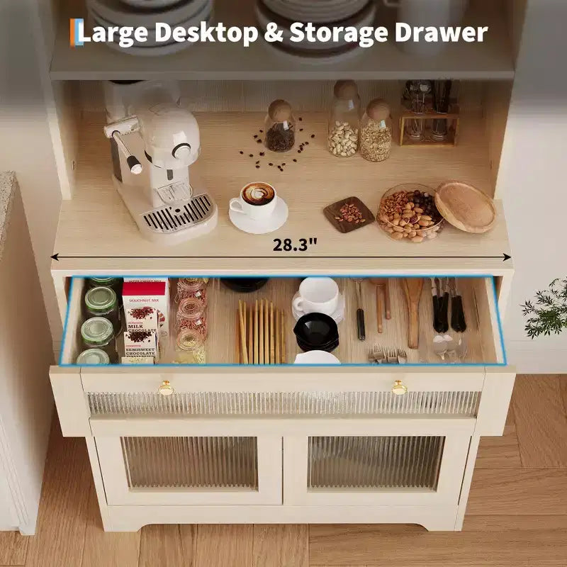 Armoire de cuisine autoportante de 157 cm – Blanc / Couleur bois, 2 portes avec tiroir et étagères réglables
