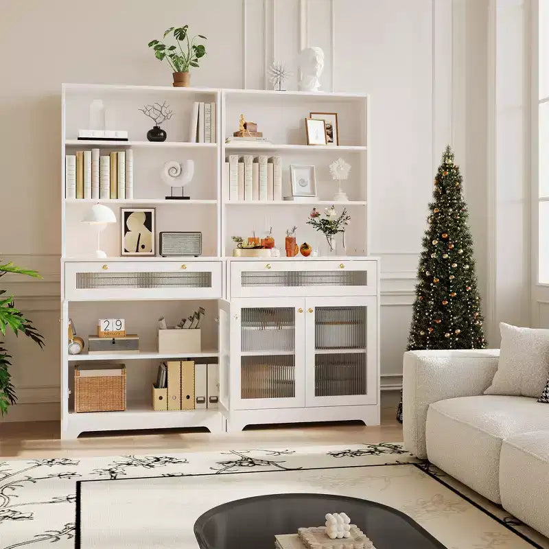 Armoire de cuisine autoportante de 157 cm – Blanc / Couleur bois, 2 portes avec tiroir et étagères réglables