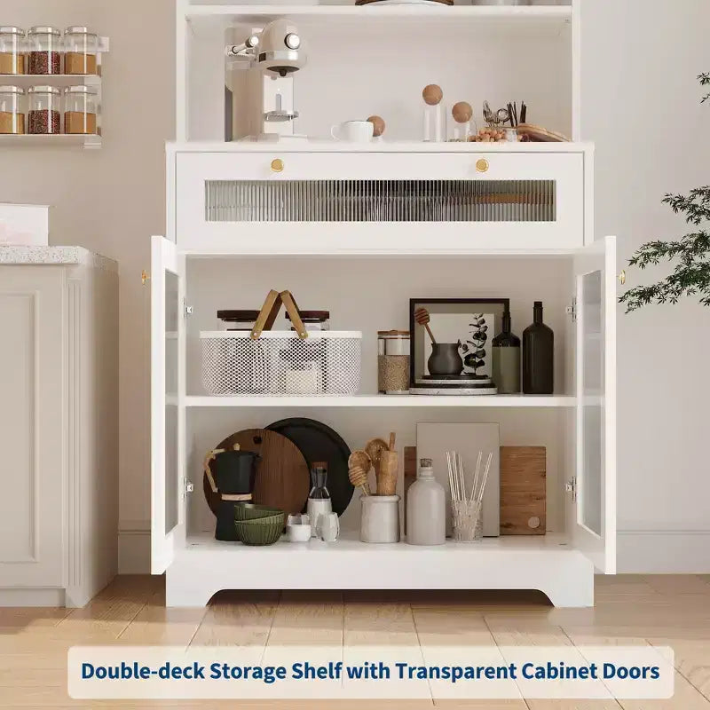 Armoire de cuisine autoportante de 157 cm – Blanc / Couleur bois, 2 portes avec tiroir et étagères réglables