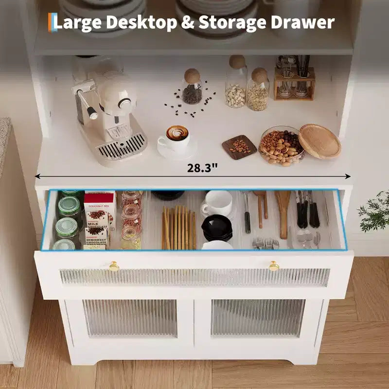 Armoire de cuisine autoportante de 157 cm – Blanc / Couleur bois, 2 portes avec tiroir et étagères réglables