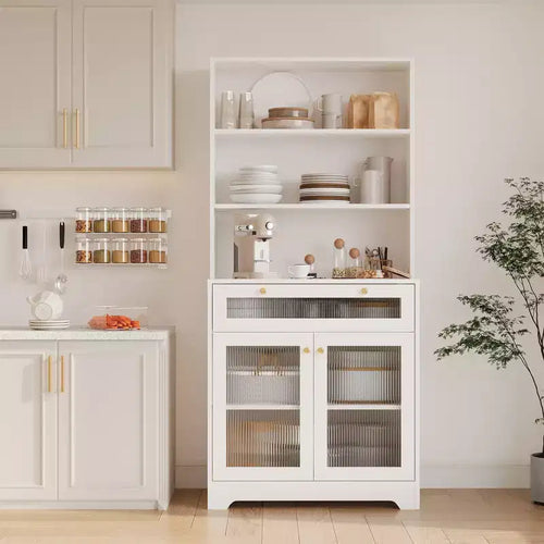 62-Inch Kitchen Pantry Cabinet Freestanding Storage Cupboard with 5-Tier Shelf, Drawer,2 Glass Doors & Adjustable Shelves