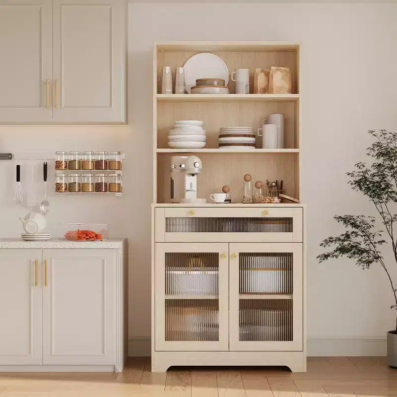 Armoire de cuisine autoportante de 157 cm – Blanc / Couleur bois, 2 portes avec tiroir et étagères réglables