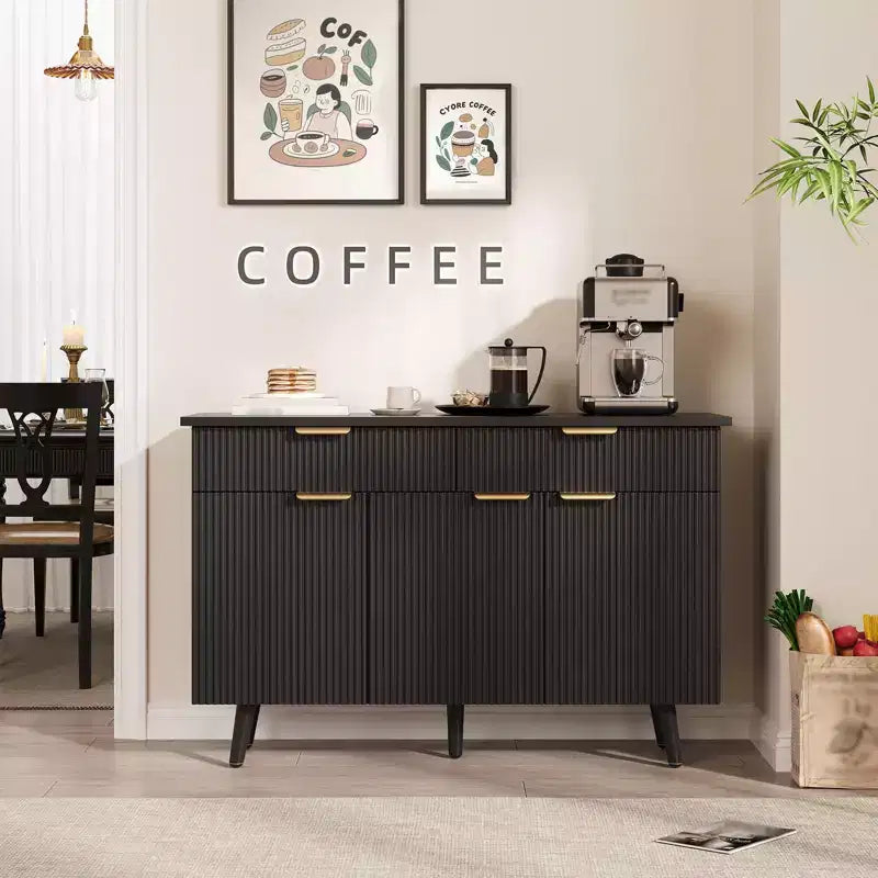 Buffet Noir Cannelé – 4 Portes, 2 Tiroirs, Rangement 2 Étagères pour 1