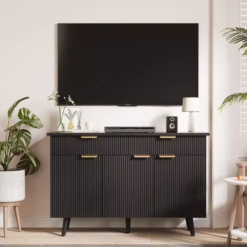 Buffet Noir Cannelé – 4 Portes, 2 Tiroirs, Rangement 2 Étagères pour 1