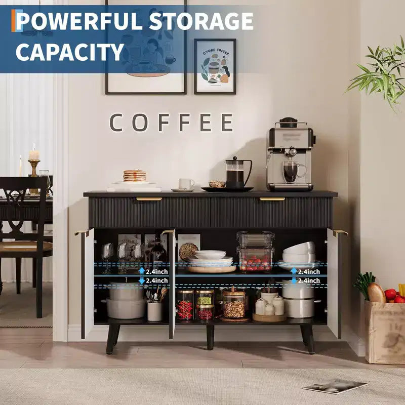 Buffet Noir Cannelé – 4 Portes, 2 Tiroirs, Rangement 2 Étagères pour 1