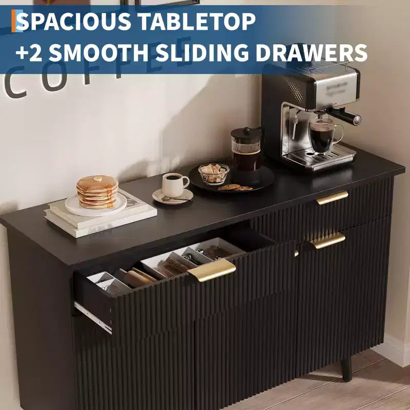 Buffet Noir Cannelé – 4 Portes, 2 Tiroirs, Rangement 2 Étagères pour 1