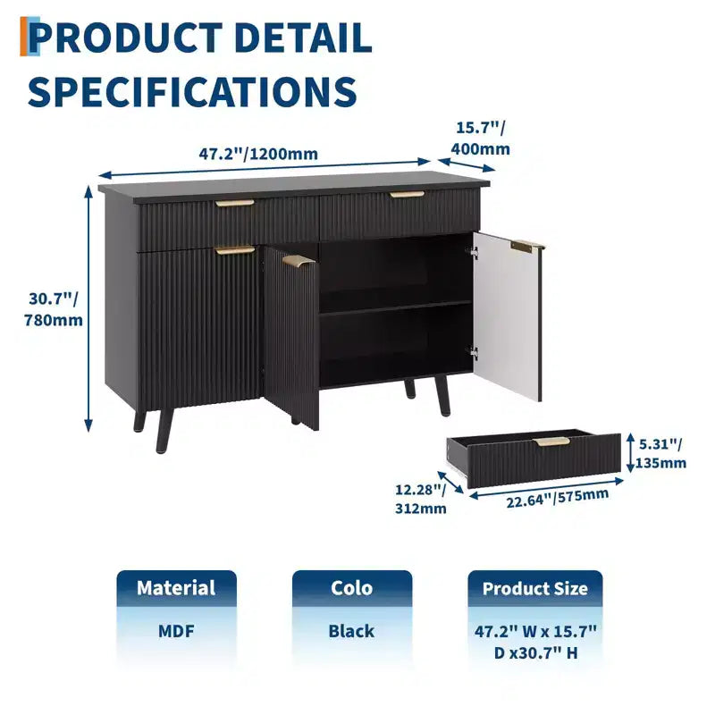 Buffet Noir Cannelé – 4 Portes, 2 Tiroirs, Rangement 2 Étagères pour 1