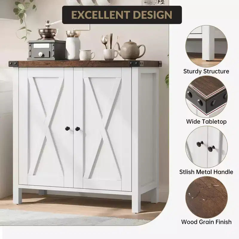 Buffet bahut de ferme 76 cm | 2 portes | Étagère réglable | Chêne blanc américain / Marron et blanc / Chêne foncé / Gris
