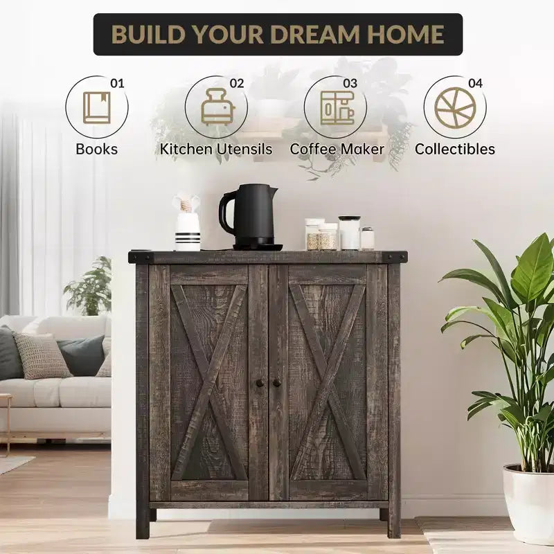 Buffet bahut de ferme 76 cm | 2 portes | Étagère réglable | Chêne blanc américain / Marron et blanc / Chêne foncé / Gris