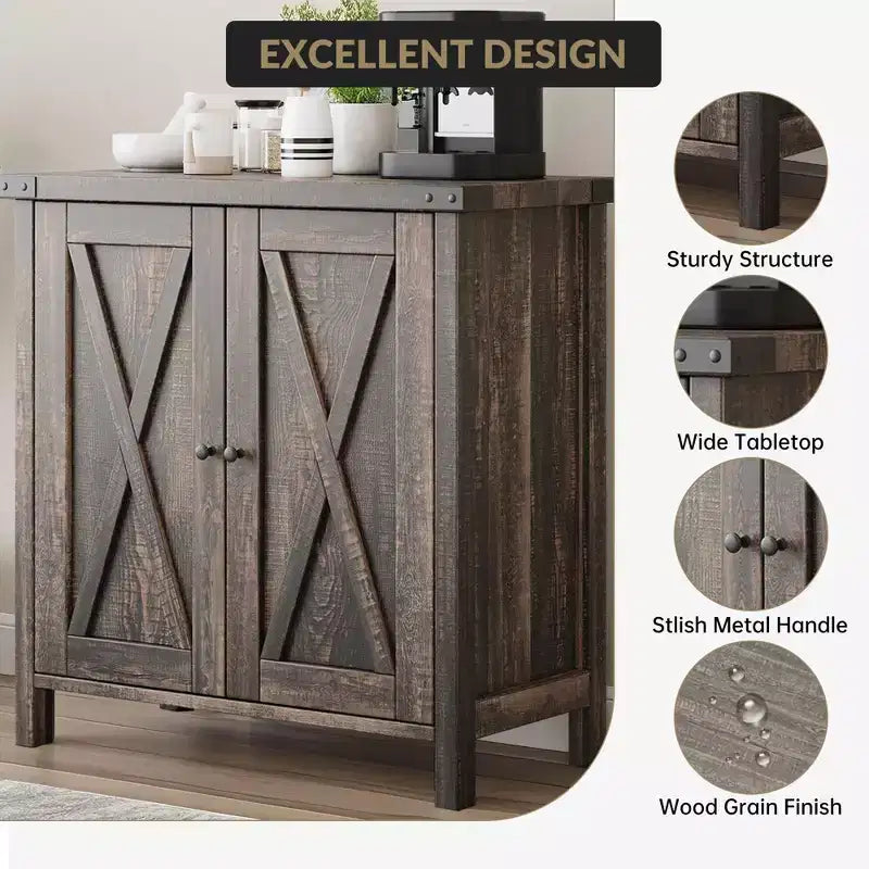 Buffet bahut de ferme 76 cm | 2 portes | Étagère réglable | Chêne blanc américain / Marron et blanc / Chêne foncé / Gris